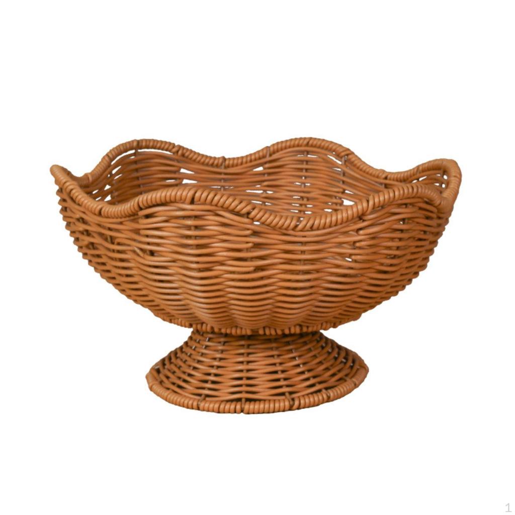 Rattan Fruit Basket Open Weave Pedestal Bowl FlowerShaped Rim Woven
