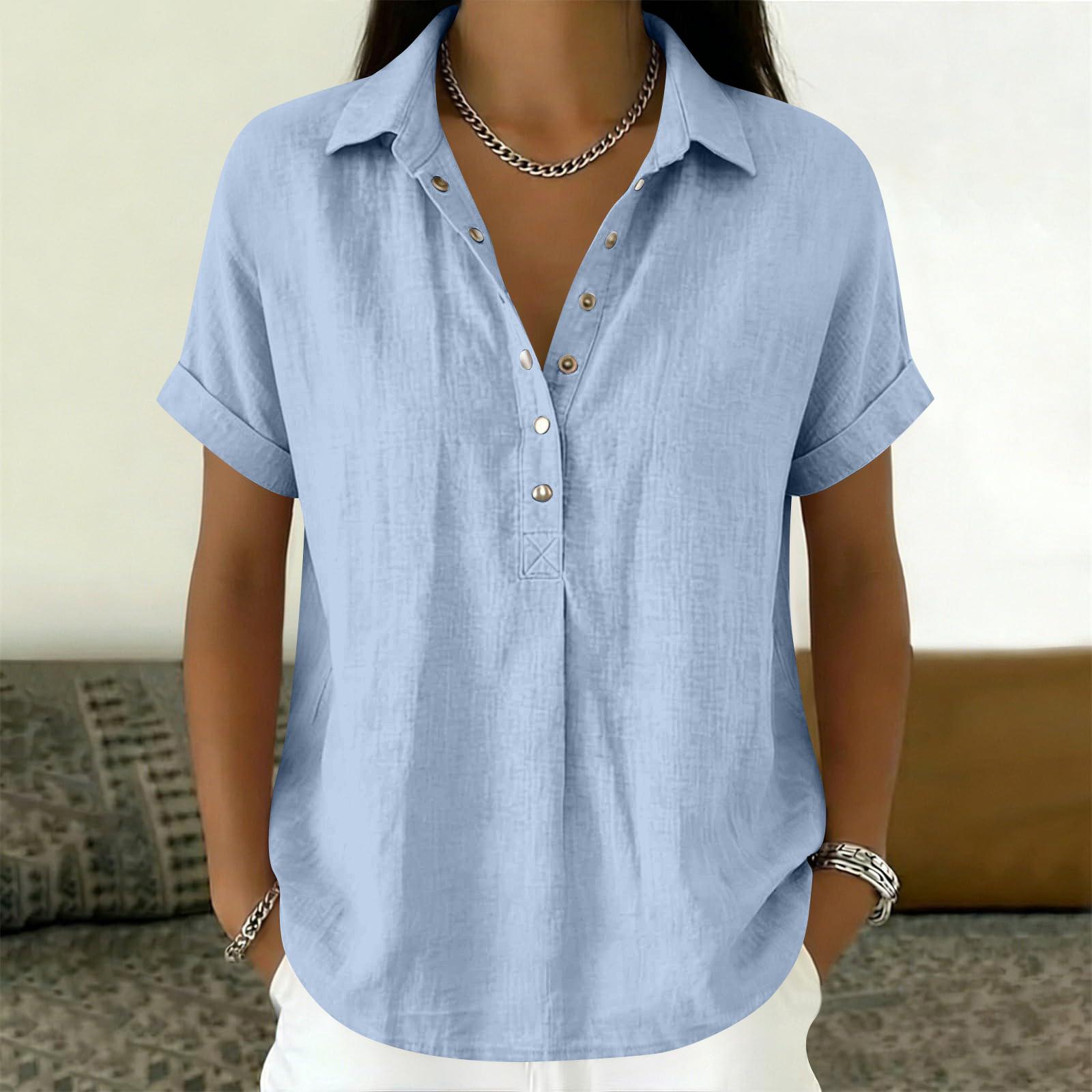 

Womens Short Sleeve Button Down Collared Blouse Relaxed Fit Lightweight Casual Top for Daily Wear M