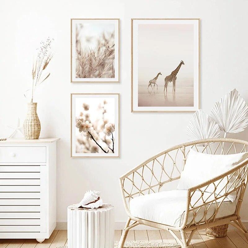 Naturlandschaft Nordisches Poster und Druck Beige Giraffe Strand Pflanze Botanische Kunst MalereiLeinwand Modernes Wandbild Wohnkultur