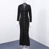 LYRIA Elegant Knitted V-neck Long Dress Women Patchwork Single Breasted Long Puff Sleeve Slim Dresses Chic Female Hip Package Vestidos