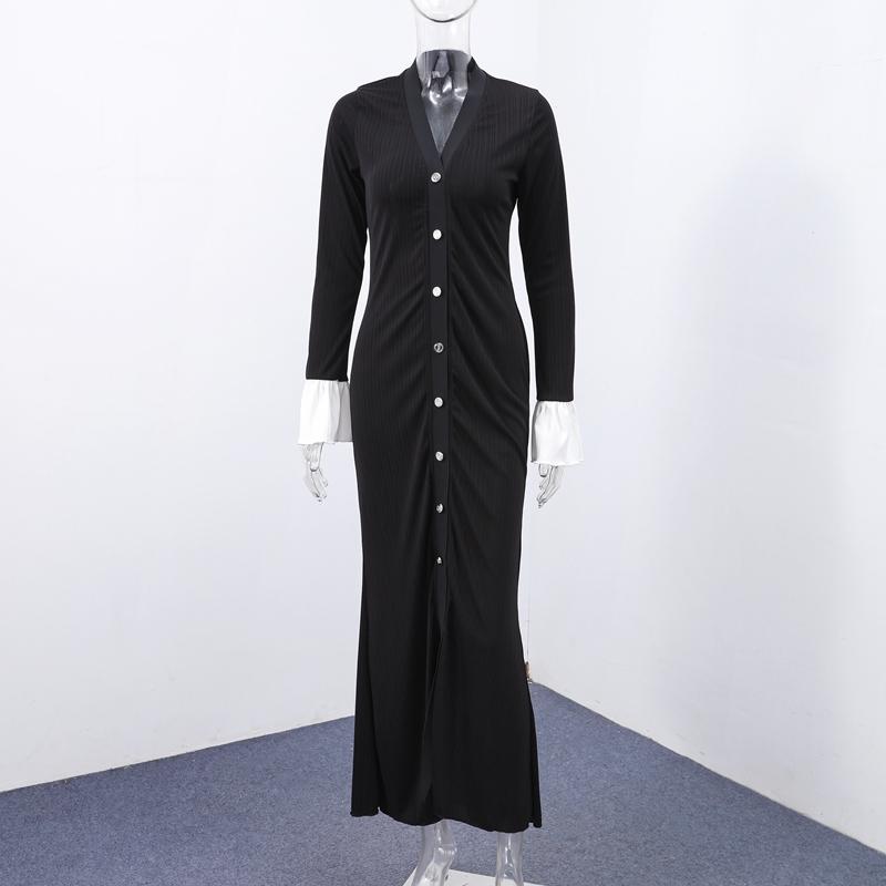 LYRIA Elegant Knitted V-neck Long Dress Women Patchwork Single Breasted Long Puff Sleeve Slim Dresses Chic Female Hip Package Vestidos
