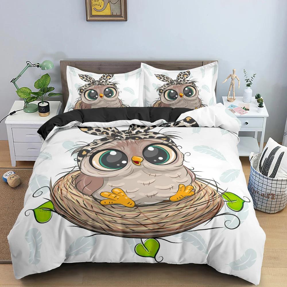 Cartoon Owl Duvet Cover Cute Night Animal For Kids Boys Girls Gifts Owl And Koala Tribal Feather Style Green Bedroom Decorations