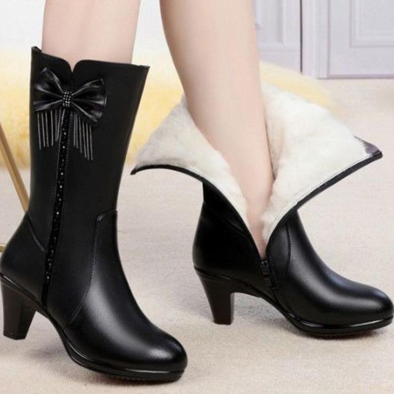 Fashion Fleece-Lined Middle Heel Half High Boots for Women New Rock Gyaru in Gothic Mid Calf Shoes Woman Designer Luxury Work Footwear