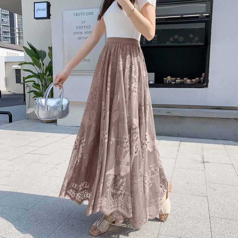 Women's Double-Sided Lace A-Line Pleated Long Flare Skirt for Autumn
