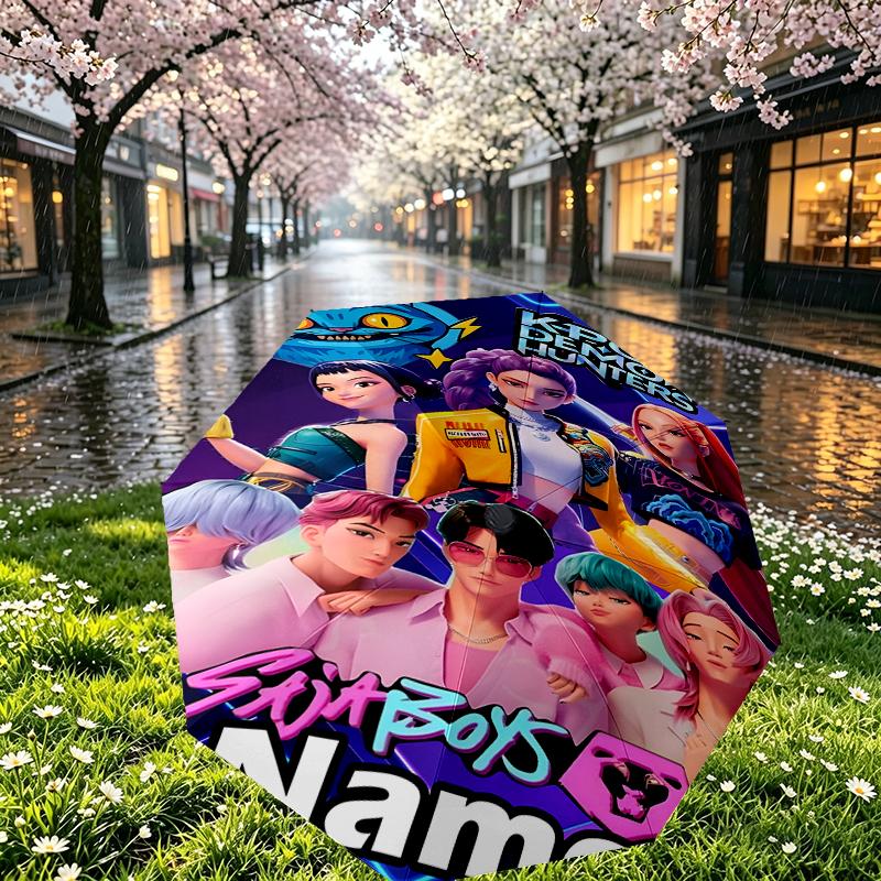 Custom Name Personalized KPop Demon Hunters Print Umbrella, Auto Open Close, 8‑Rib Sturdy Frame, Commute Camping Hiking Use, Birthday Gift