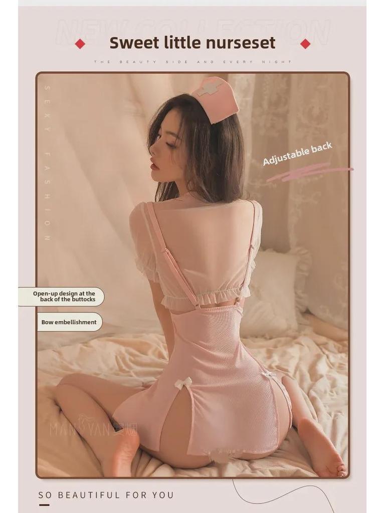 Sexy Transparent Lingerie Soft Yarn Slit Skirt Nurse Uniform Set 9040