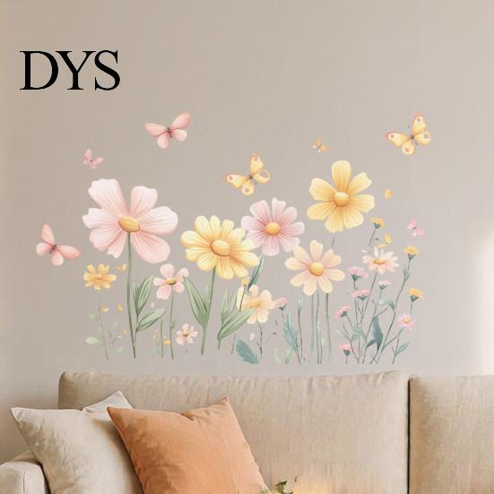 Natural Wood Bedroom Wall Accents 2Pcs Watercolor Flowers Sticker, PVC Waterproof Floral Decal with Butterflies, Removable Butterfly Decals Art Decor,