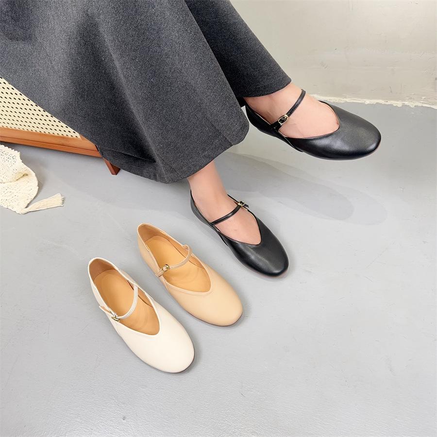 Johnature Handmade Genuine Leather Women's Shoes Retro Round Toe Soft Soled Belt Buckle Flat Shoes