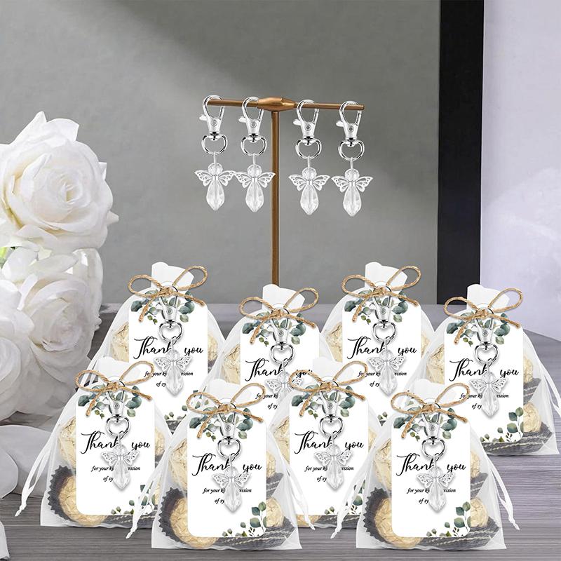 20 Set Funeral Favors, Celebration Of Life Favors Angel Keychains Organza Bags Sympathy Thank You Tags For Memorial Supplies