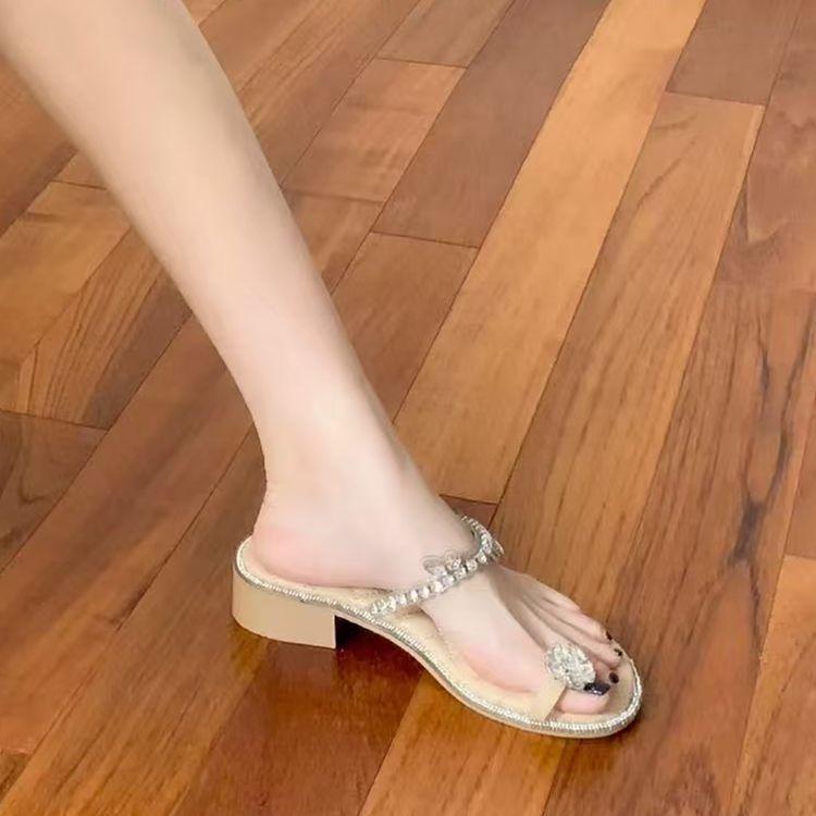 Beautiful rhinestone flower outer women's sandals 2025 summer new French set toe thick heel exquisite with skirt slippers