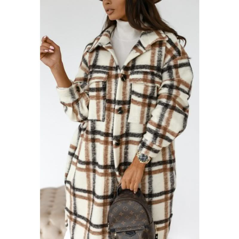 Independent Station Wishes Europe and The United States Autumn and Winter Long-sleeved Button Lapel Casual Plaid Long Woolen Coat