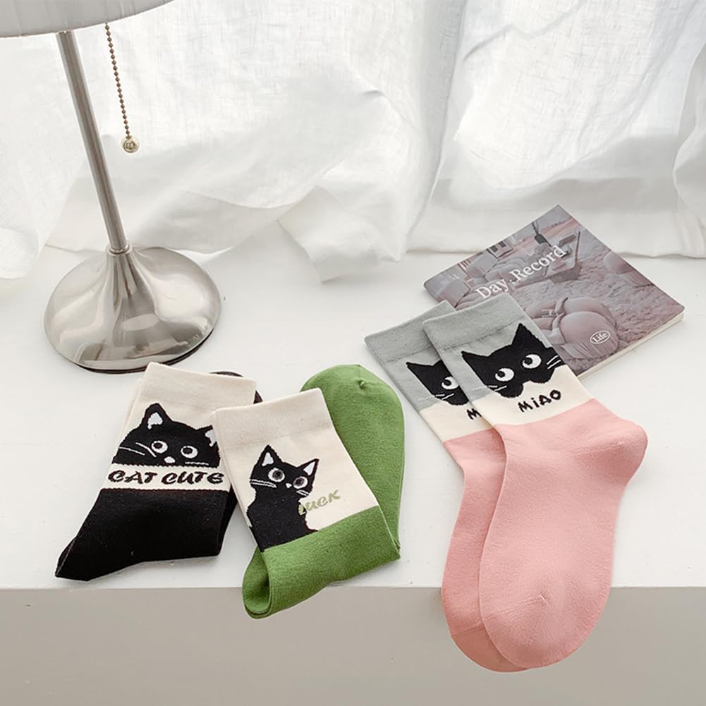 FASELE Crew Cute and Floral Soft Perfect for and All Set Women's Socks, Stylish, Cat, Animal, Print, Breathable, Cotton, Mid-Tube Socks, Spring,