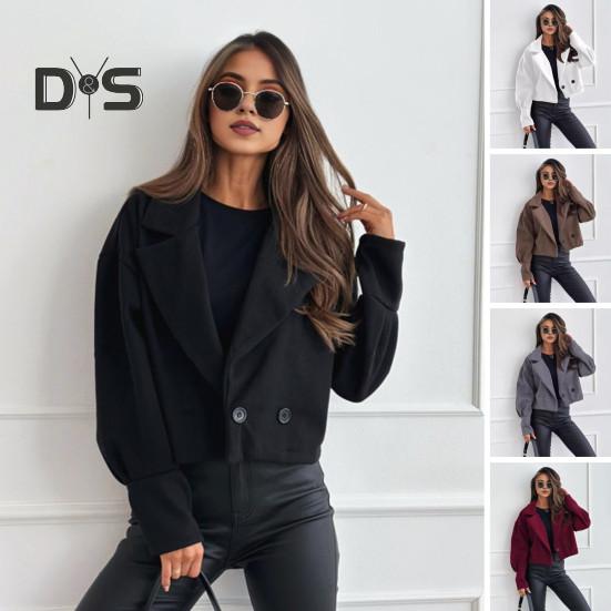 Casaco feminino outono inverno curto tipo gola virada para baixo cor sólida solto fecho de botão cardigan OL jaqueta de deslocamento feminino uso diário