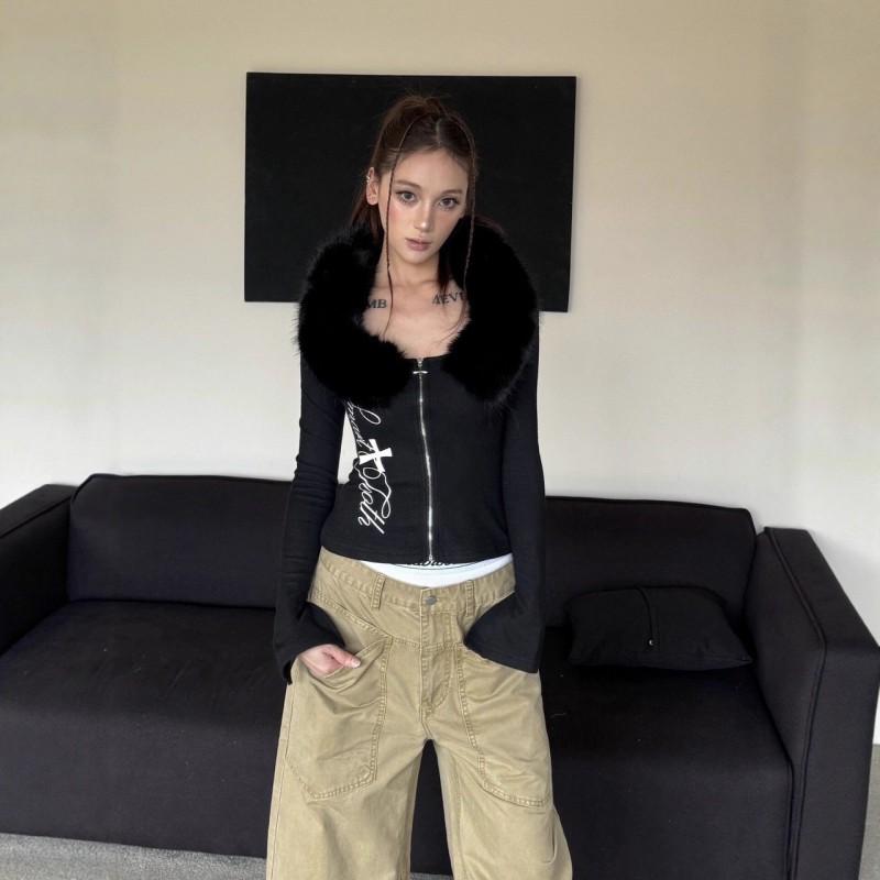 Womens Y2k Vintage Zip Up Cardigan Sweatshirt Slim Fit Long Sleeve Printed Streetwear Top