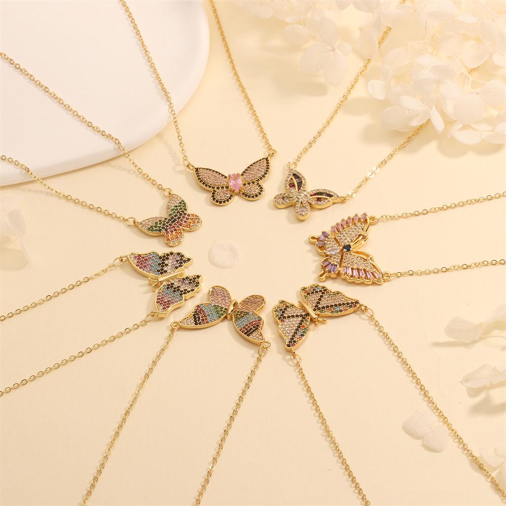 Color-Inlaid Zircon Butterfly Pendant Necklace - Fashionable Copper Insect Jewelry