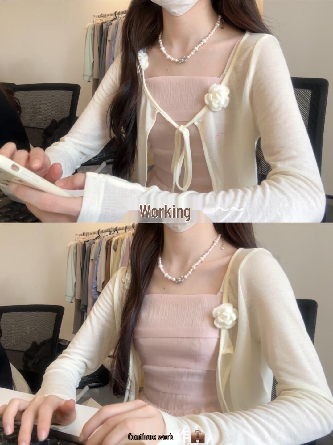 

Женский летний 2025 кардиган-накидка из ледяного шелка без рукавов с белыми завязками S