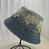 New pentagram patch gradual change denim bucket hat lady sweet retro street versatile bucket hat casual
