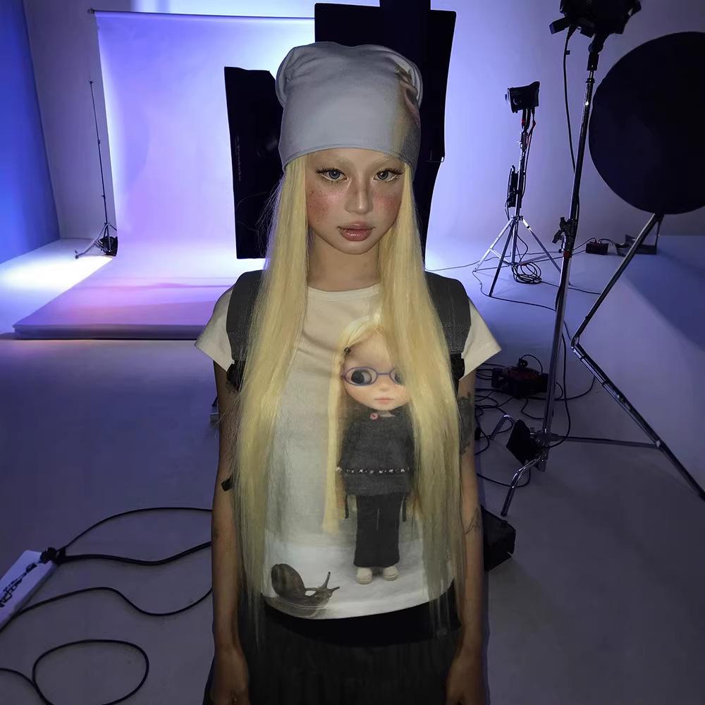 

Retro Style Round Neck Women s Digital Print Short Sleeve T-shirt One Size светло-синий