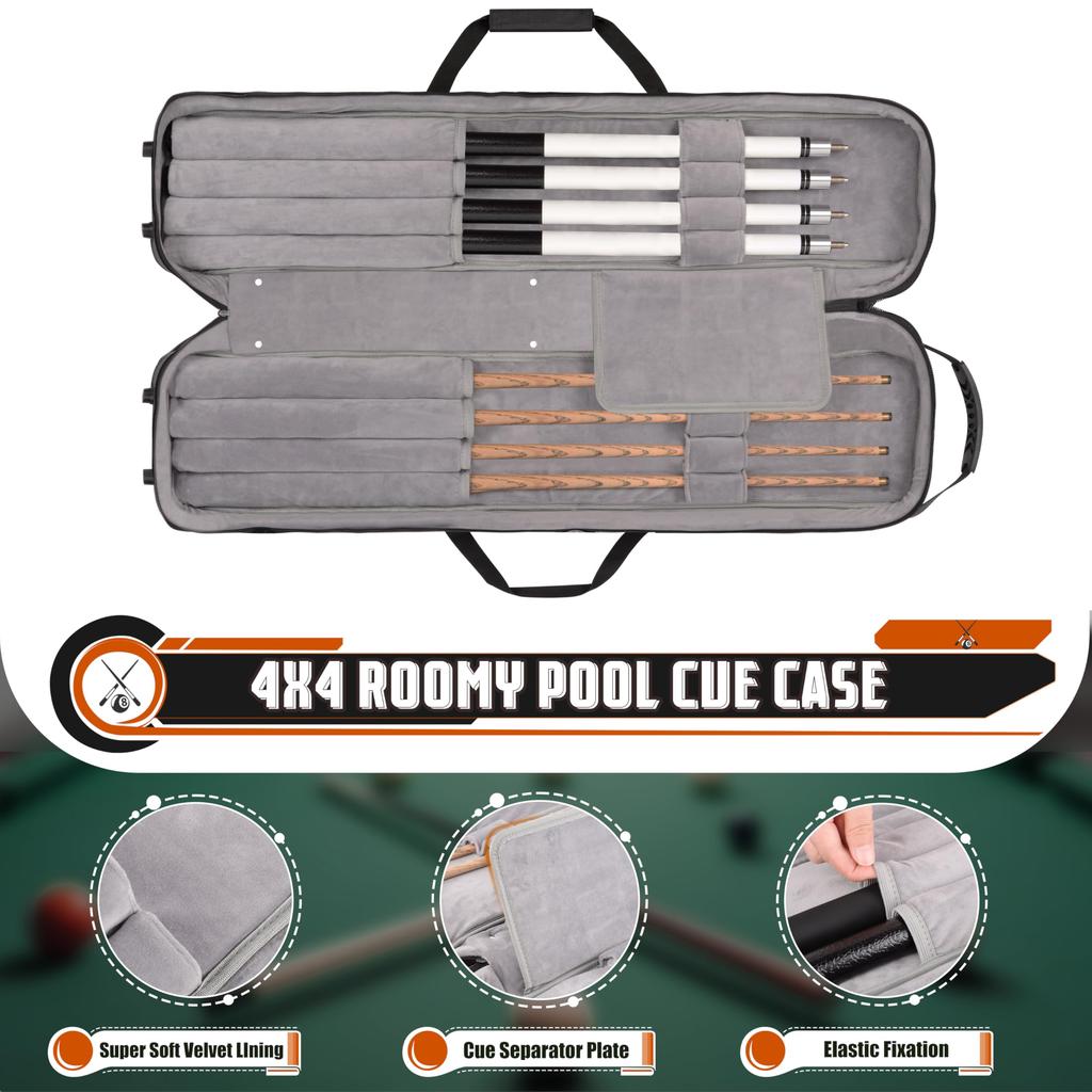 Hikeen Hard Pool Cue Case, 4x4 Capacity, Soft Velvet Lining, Adjustable Shoulder Strap, Compatible with Billiard Accessories