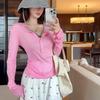 Damen Pink Langarm V-Ausschnitt Knopfleiste Oberteil Lässig Eng Anliegend T-Shirt