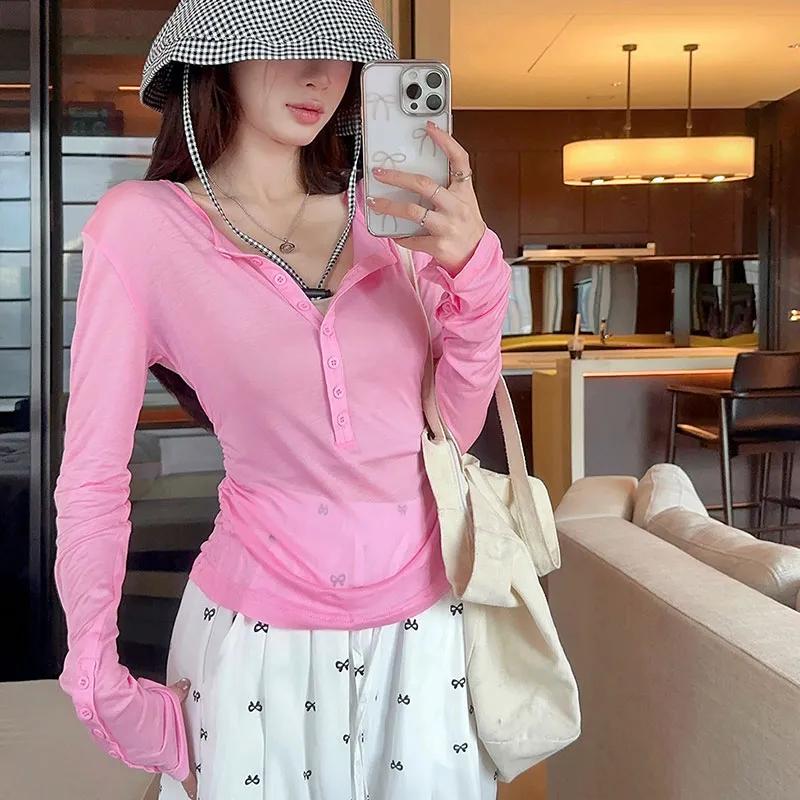 Women Pink Long Sleeve V Neck Button Up Top Casual Slim Fit T Shirt S розовый