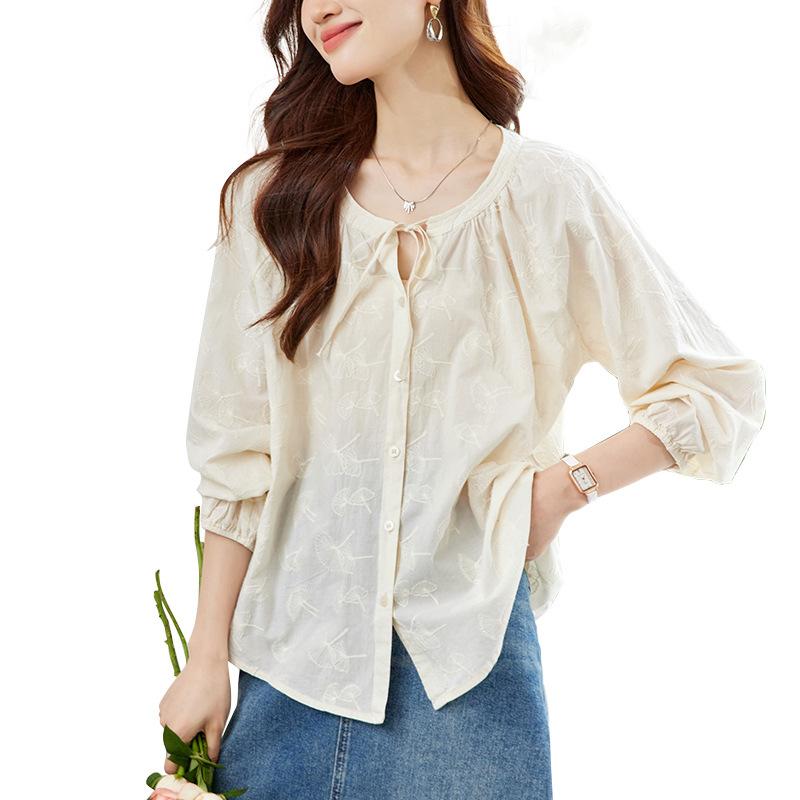 Frühling Neu Baumwolle Baumwolle Bestickt V-Ausschnitt Hemd Weiblichkeit Schnürkragen Top
