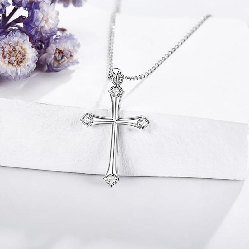 Huitan Stylish Women Cross Pendant Necklace with Bright Zirconia Fashion Color Accessories Versatile Trendy Party Jewelry