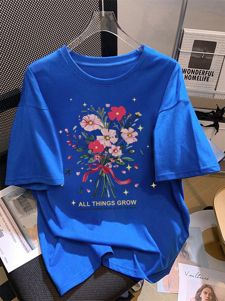 Summer T-Shirts Women Cotton All Things Grow Beautiful Flowers Print Tops Loose O-Neck Soft Comfortable T Shirt Casual Clothes