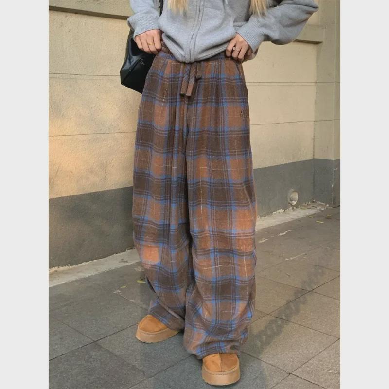 

Женские брюки в стиле ретро с широкими штанинами в клетку — отшлифованные, повседневные, длиной до пола, облегающие, на весну и осень XXL