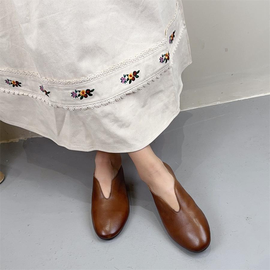 

Johnature Натуральная кожа Слипоны Женские туфли ручной работы Лоферы Ретро Круглый носок Неглубокая мягкая подошва Балетки 40 кофейный