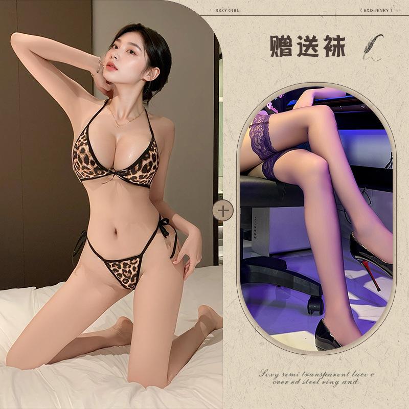 Sexy underwear new sexy hot leopard print uniform hollowed out three-point neck strap passion free women