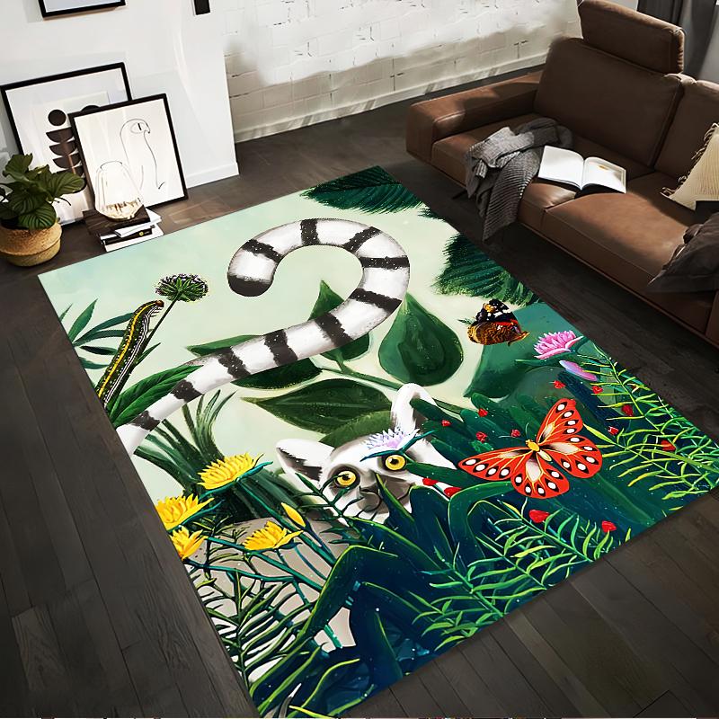 

Colorful Jungle Carpet with Lemur, Butterfly, Flowers, and Green Leaves Suitable for use as an anti-slip for living room bedroom sofas 40x60cm( 15x23in )