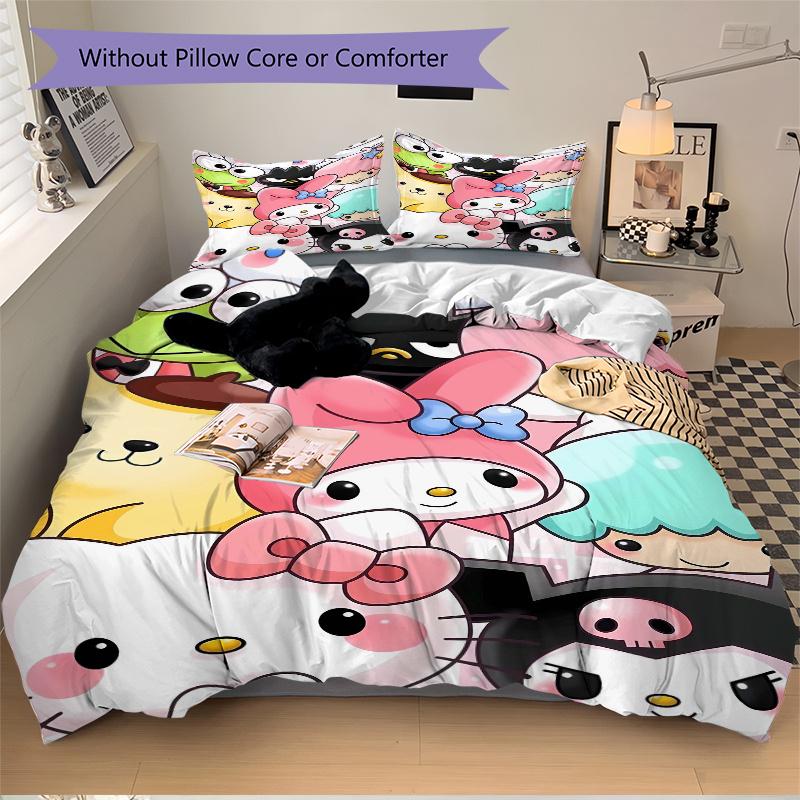 3pcs My Melody & Friends Quilt Cover Set (1 Quilt Cover + 2 Pillowcases Without Pillow Core), High-Definition Printing for Home and Dormitory.W06