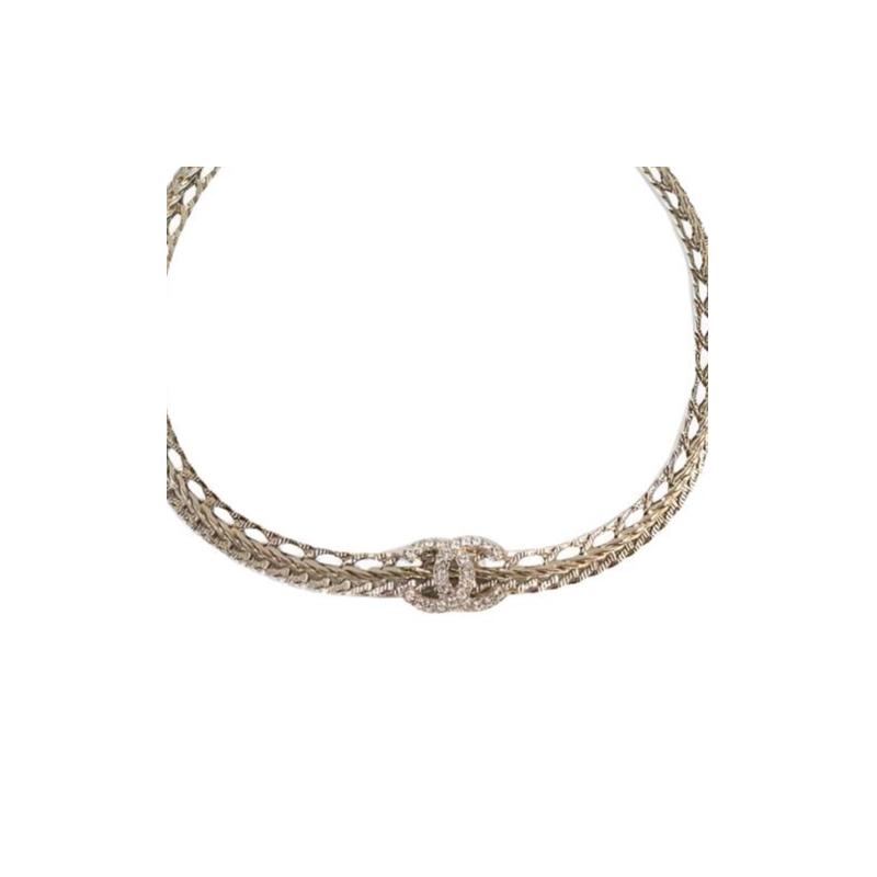 CHANEL Sheepskin White Crystal Leather 18K Gold Necklace Women's