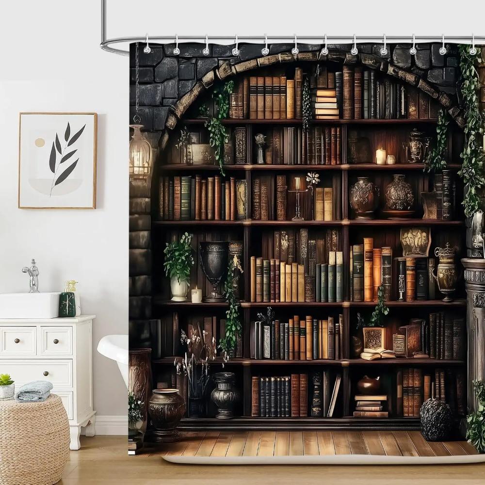 Gothic Bookshelf Shower Curtain, Vintage Witchy Dark Farmhouse Books Waterproof Fabric Curtain