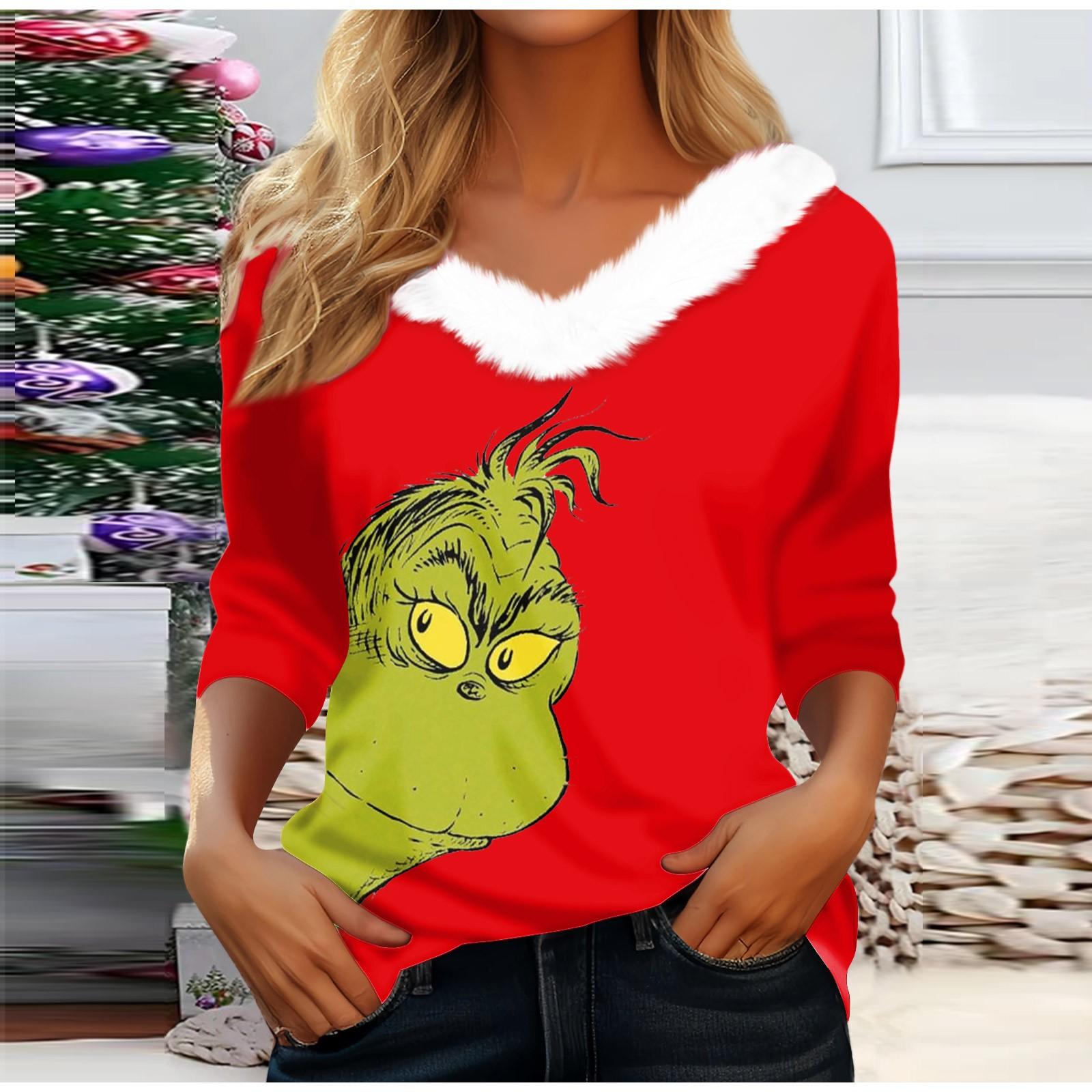 

Рубашки с длинным рукавом для женщин Милые топы Рождественские принты Футболки Блузки Повседневные топы больших размеров Базовые топы Пуловеры XL красный