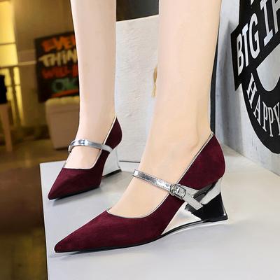 Women's Shoes with Metal Heel, Sloping Heel, Suede, Light Mouth, Pointed Toe, Color Blocked, Straight Strap, Single Shoe for Women