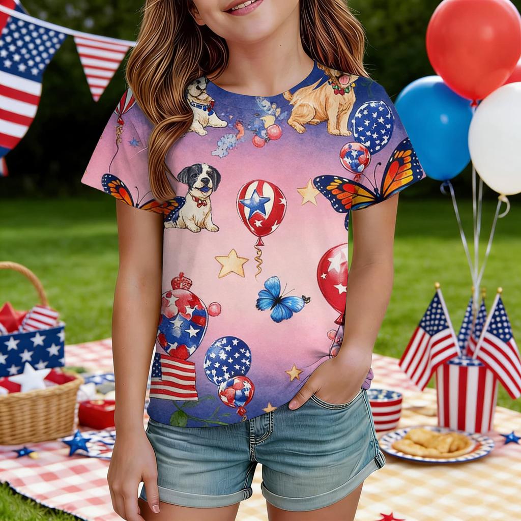 Kids Independence Day Print Round Neck Short Sleeve Casual T-shirt