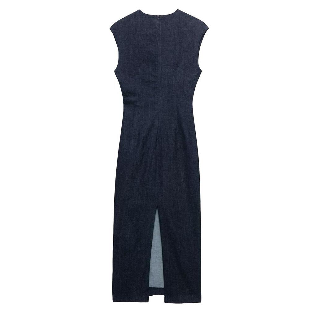 TAOP&ZA Elegant Round Neck Sleeveless Denim Dress with Waist Tie - Women's Spring/Summer Fashion