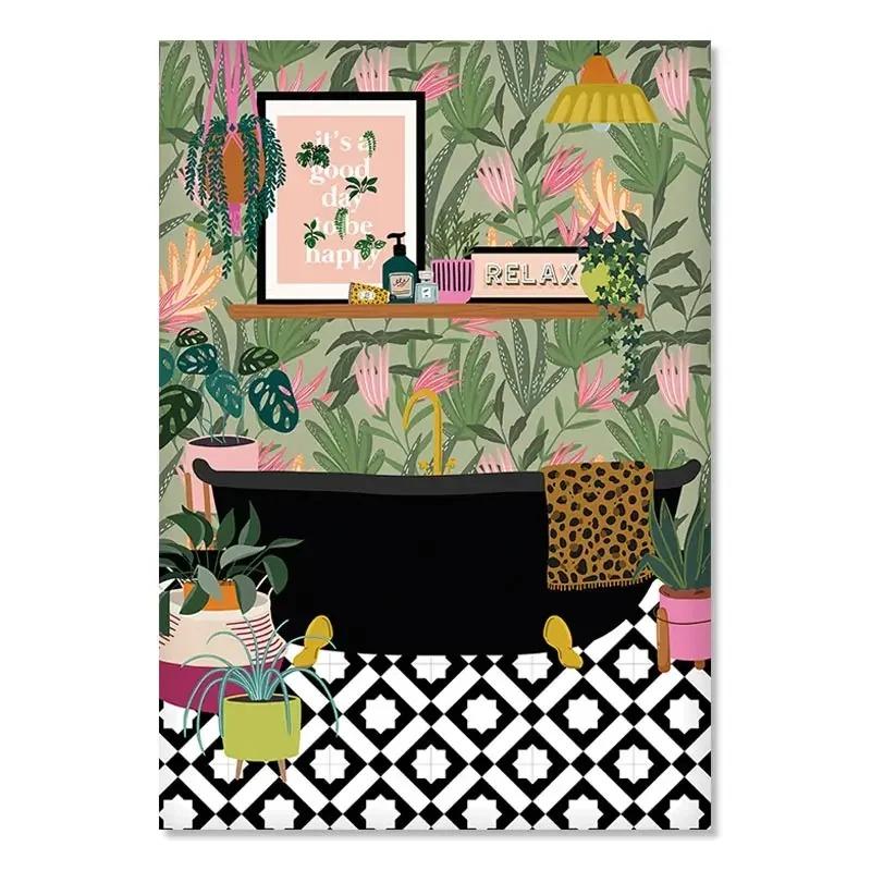 Klasyczny Abstrakcyjny Botaniczny Zielony Liść Sztuka Ścienna z Wzorem Greckich Płytek Plakat z Nadrukiem na Płótnie HD do Dekoracji Salonu Sypialni