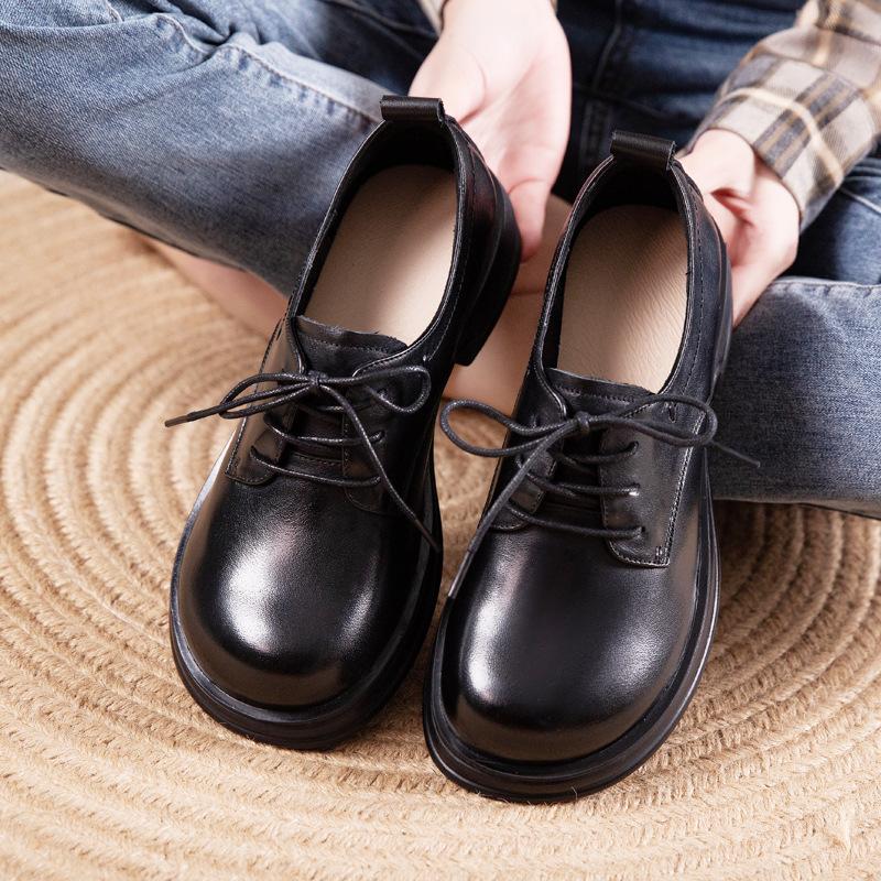 First layer cowhide loafers women's spring and autumn new lace-up retro British style single shoes small leather shoes women's shoes