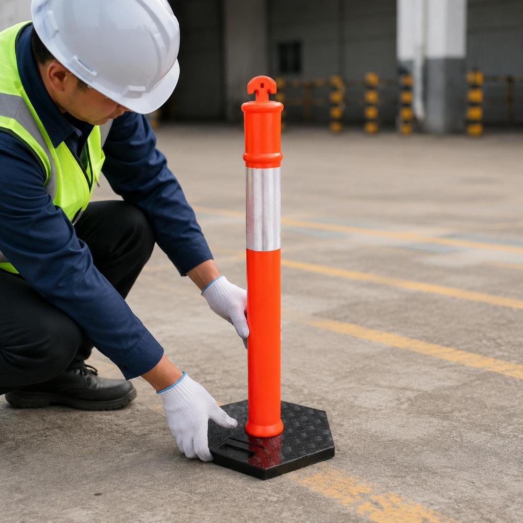 Traffic Warning Post with Weighted Base | Reflective Silver Band, Quick Setup Design, marker