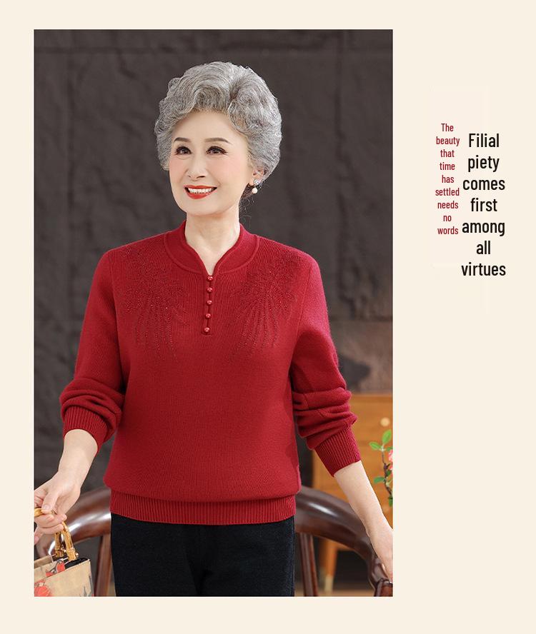 Cozy Winter Sweater for Elderly Women: Velvet-Lined, Half-High Collar, Stylish Base Layer for Autumn.