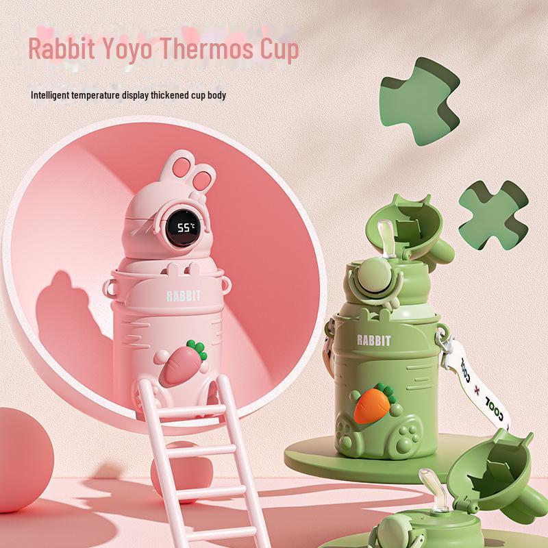 High-Value 316 Stainless Steel Cartoon Rabbit Thermos Cup with Straw for Children and Students