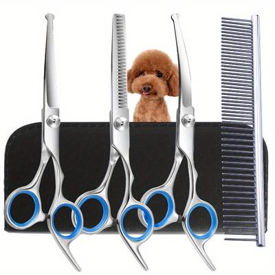 4-teiliges Professionelles Haustierpflege-Scherenset - Sicherheitsspitzen für Hunde & Katzen - Beinhaltet gerade, Ausdünnungs- & gebogene Scheren mit Kamm und Aufbewahrungstasche