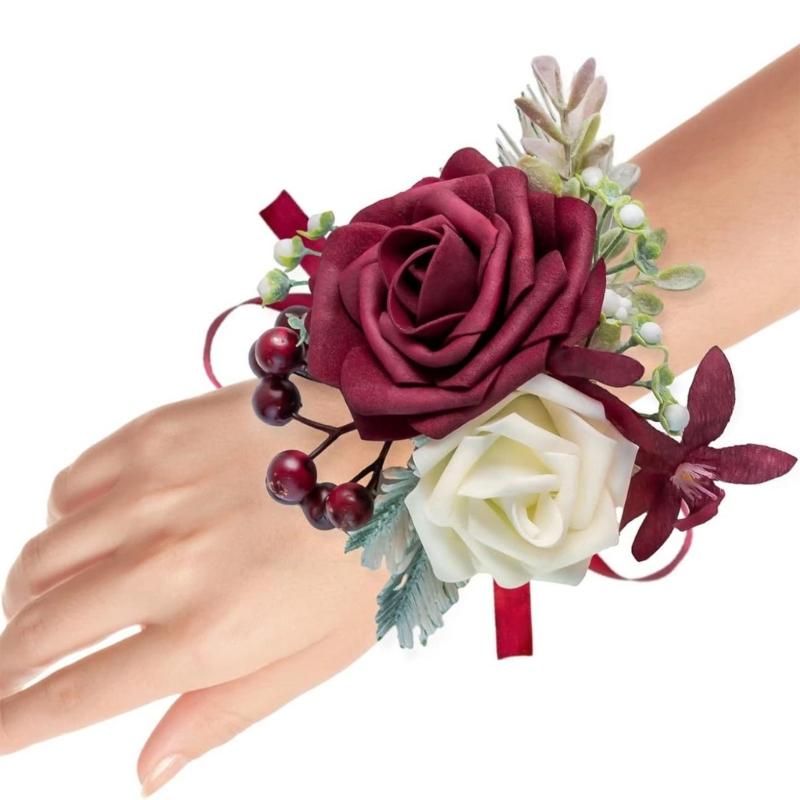 Elegant Wrist Flower For Bride Bridesmaid Fabric Artificial Rose Wrist Corsage Wedding Accessory Formal Event Decoration