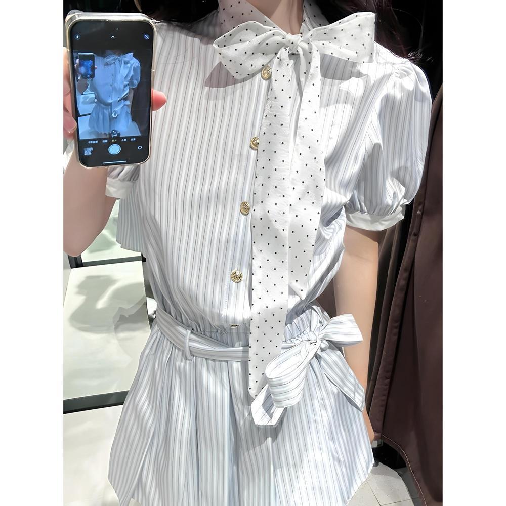 Sweet Polka Dot Striped Dress Women's Summer Japanese College Style Bow Shirt Skirt