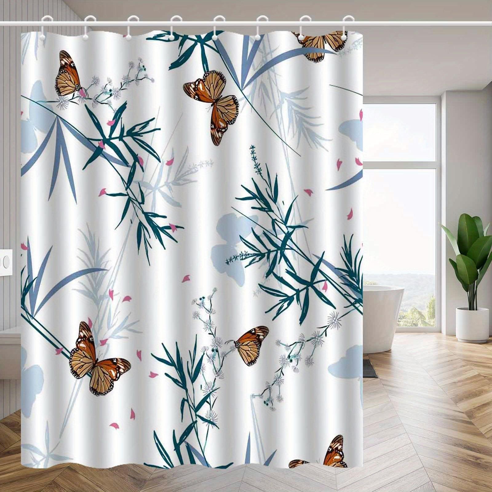 

1pc Elegant bamboo garden floral butterfly shower curtain, polyester fabric, machine washable, suitable for bathroom decoration 90X180cm
