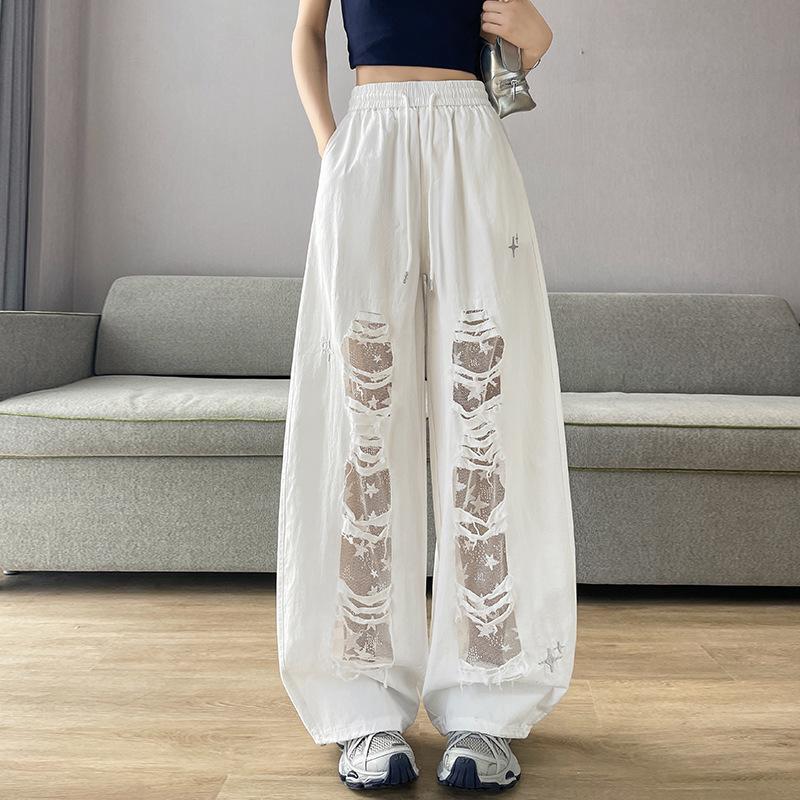 American Style Patchwork Cotton Lace Ripped Slimming Casual Pants S