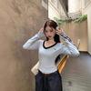Women's Slim-Fit Dark Blue Lace V-Neck Striped Long-Sleeve Top - Autumn Spicy Style